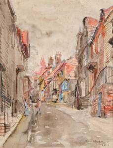 DORA MEESON: Village Street Scene 1924, watercolour, signed and dated lower right, 33 x 24 cm