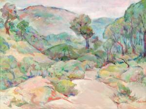 MARJORIE WOOLCOCK: Landscape, oil on canvas on board, signed lower right, 44 x 60 cm