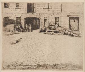 JOHN SHIRLOW: The Courtyard 1936, etching, 22 x 36 cm