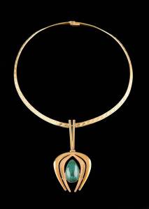 A turquoise matrix pendant on collar, circa 1960's. 18ct yellow gold. Weight 33 grams. 