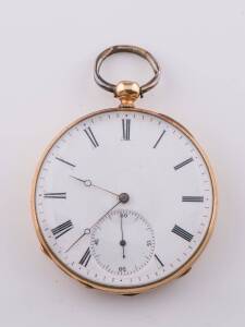 An open face pocket watch, white enamel dial, Roman numerals and subsidiary seconds hand. 18ct yellow gold. Boxed.