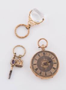 An open face pocketwatch, applied Roman numerals, engraved case, glass deficient. 14ct yellow gold. To be sold with a spinner, seal and watch key.