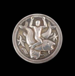 A silver figural brooch, Christian Moehl-Hansen for Georg Jensen, sterling silver. Post 1945 mark. Diameter 4.1cm.