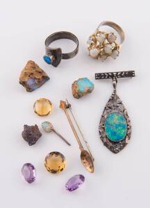 A collection of various jewellery items, including opal triplet pendant, opal rings, a spoon brooch, Willis, 15ct gold, and various loose stones, including opal. 