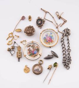 A collection of jewellery including various pendants, pietra dura brooch - a/f, limoges pins, stick pins, and bracelets.