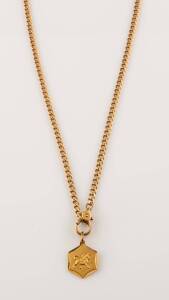 A curblink chain, hung with a bull pendant. 18ct yellow gold. Weight 30.5 grams. Length 60cm. 