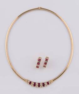 A ruby and diamond necklace and earring suite, Italian, set with baguette rubies and round brilliant diamonds. 14ct yellow gold. Weight 34 grams. Inside diameter of necklace 14cm. 