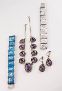 A purple stone necklace and earring suite, to be sold with two Siam silver and enamel bracelets.