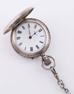 A hunter pocket watch, dial signed Australia, floral engraving to case, glass deficient.  Sterling silver.  To be sold with a sterling silver watch chain. 