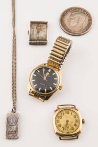 Three wristwatches including a vintage Rolex, rolled gold. To sold with a silver ingot and a silver coin.