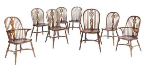 A rare matching set of eight Windsor chairs, most likely Southern England comprising 6 standard & 2 carvers all with crinoline stretchers, 19th Century