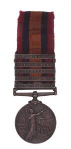 A Queen's South Africa Medal, with South Africa 1901 & four clasps - Laing's Nek, Transvaal, Relief of Ladysmith & Orange Free State, named to 3567 Sgt A.J.Willis Devonshire Regt. With research on Sgt Willis' war record.