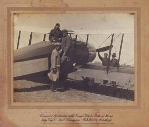 Photo of aeroplane with caption "Prominent Sportsmen make Pioneer trip to Ballarat Races. From Top - Bert Thompson, Bob Harris, Bob Moye"; plus "Head of the River, 1927. Scotch 1st - Wesley 2nd"; Race finish photo from Richmond 7/3/30.