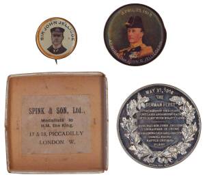 NAVY: 1916 Battle of Jutland medal in original Spink box; "April 25, 1919. Admiral Sir John Jellicoe RN" badges (2); 22mm badges for Sir John Jellicoe & Sir David Beatty; 1933 Jasmatzi "Unsere Marine" cards No.1-233. G/VG.