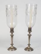 Two table lamps with shades and pair of silver plated candle sticks with glass shades.  - 3