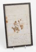 Napoleon interest; framed 19th Century letter with flowers from Napoleon's grave. 