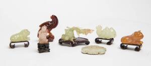 A collection of carved jade & hardstone figures & animals, plus a brooch. Largest 8cm high