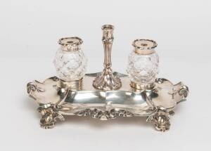 A Victorian sterling silver inkwell desk set stamped "T.B & S", Sheffield circa 1851.