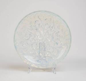 A French leaf patterned opalescent glass dish, 20th Century. 30.5cm diameter