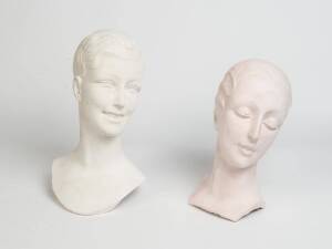 Two Art Deco shop display busts, plaster, circa 1920s. Tallest 40cm