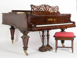  A burr walnut baby grand piano by R. Lipp & Sohn, Stuttgart, German, 19th centurytogether with an upholstered adjustable piano seat97cm high, 144cm wide, 186cm deep 