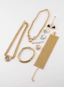 A collection of costume jewellery including Oroton cuff, coin necklace, rings, etc. 