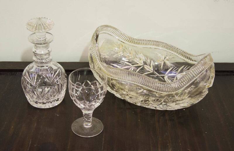 A Stuart Crystal liqueur decanter & glass together with a crystal sweet meat dish. 