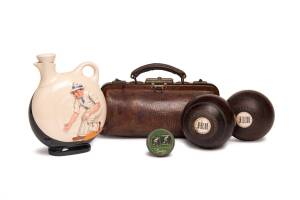 LAWN BOWLS: Set of 4 19th century Lignum Vitae lawn bowls with inset ivory style buttons engraved "JRH"; pair of Dunlop bowls in bag marked "Mc"; Diana Pottery lawn bowls wine jug; pair of cuff-links.