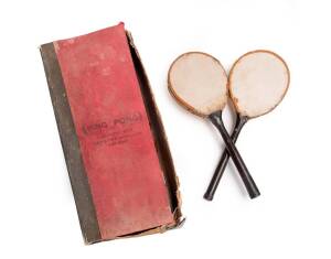 TABLE TENNIS: c1902 "Ping Pong, manufactured by the Excelsior Supply Co. Christchurch", in battered original box with label, with two vellum rackets, net with wooden posts & clamps (no balls). Rare early set from New Zealand.