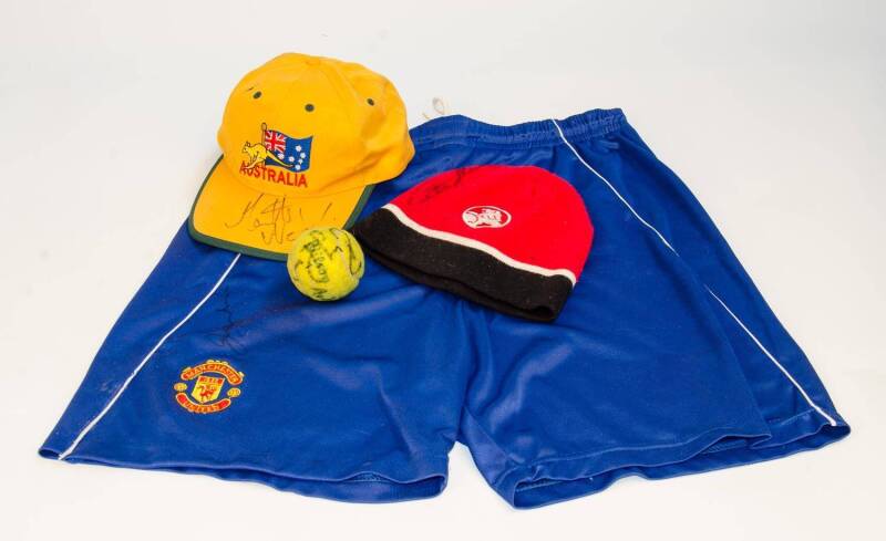 SPORT AUTOGRAPHS, noted David Beckham on Manchester United shorts; Peter Brock on Holden beanie; Matt Welsh on Australia cap; Rod Laver on tennis ball; Shane Gould in book; olympian Andrew 'Boy' Charlton, boxer Dave Sands, Betty Cuthbert.