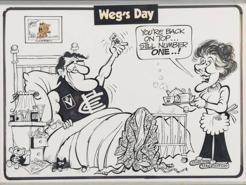 WEG CARTOONS: Original Weg cartoons (3), one showing Malcolm Fraser as Carlton's No.1 supporter; one showing Australia II crew going to Grand Final Bombers v Hawks; other showing Bob Hawke nominating yachtsmen for Honors List; all framed.