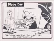 WEG CARTOONS: Original Weg cartoons (3), one showing Malcolm Fraser as Carlton's No.1 supporter; one showing Australia II crew going to Grand Final Bombers v Hawks; other showing Bob Hawke nominating yachtsmen for Honors List; all framed. - 2