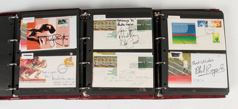 AUSTRALIAN OLYMPIC & COMMONWEALTH GAMES: Signed FDCs & Envelopes in 3 albums, noted Oarsome Foursome, Tim Forsyth, Merv Lincoln, Robert de Castella, Nicole Stevenson, Michelle Tims, Lisa Curry, Jacqui Cooper, Tracey Wickham. Some duplication.