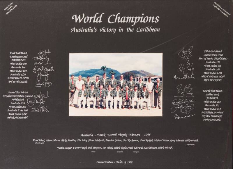 BALANCE OF COLLECTION, noted 1995 Australian Cricket Team photograph with 19 original signatures; signed displays of Cathy Freeman, Kieren Perkins, 1996 Aust Equestrian team, Evonne Goolagong & Arantxa Sanchez; plus polo shirts signed by Oarsome Foursome