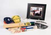 SIGNED ITEMS, noted photograph signed by Lenny Hayes & Nick Dal Santo; cricket bat signed & endorsed by Alan Border; mini-bat signed by Keiren Perkins; other signed items (12).