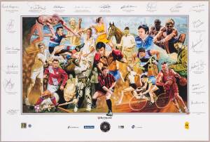 "Melbourne's Greatest Ever Sports Stars" print by Jamie Cooper, with 14 signatures including Roy Higgins, Michael Klim, Frank Sedgman, John Bertrand, Alan Jones, Johnny Famechon, Shane Warne & Andrew Gaze (also 5 facsimile autographs including Walter Lind