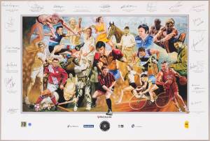 "Melbourne's Greatest Ever Sports Stars" print by Jamie Cooper, with 14 signatures including Roy Higgins, Michael Klim, Frank Sedgman, John Bertrand, Alan Jones, Johnny Famechon, Shane Warne & Andrew Gaze (also 5 facsimile autographs including Walter Lind