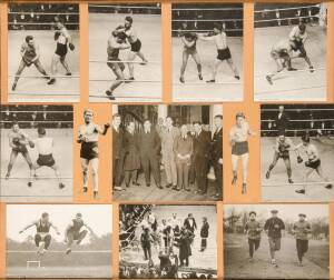 ALBERT "KID" LLOYD, group of photographs in frame, noted action photos (6) of his 1923 bout Albert Lloyd v Robert Roth; two training photographs; plus photo of Albert Lloyd with boxing personalities including Georges Carpentier, framed & glazed, overall 7