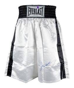 MUHAMMAD ALI, signature on pair of 'Everlast' boxing shorts with black band & trim. With 'Online Authentics' No. OA-8099017.