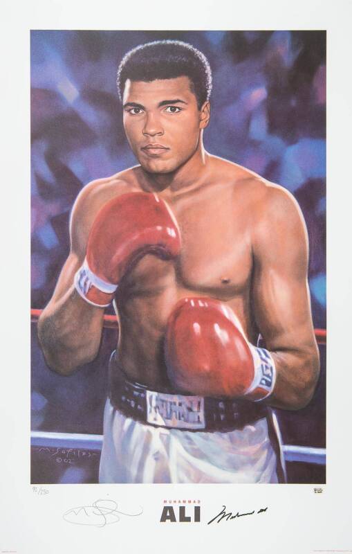 MUHAMMAD ALI: Print "Muhammad Ali" by Mark Sofilas, signed by Muhammad Ali and the artist and numbered 92/250, size 59x89cm. With 'Online Authentics' No.OA-7303655.