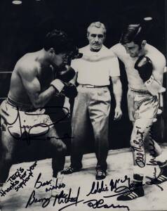 Photo of Lionel Rose v Johnny Famechon (never happened in reality) with 5 signatures including Lionel Rose & Barry Michael.