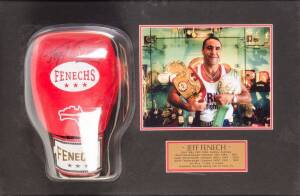 JEFF FENECH, display with signed "Fenechs" boxing glove, framed & glazed, overall 67x47cm. With CoA.