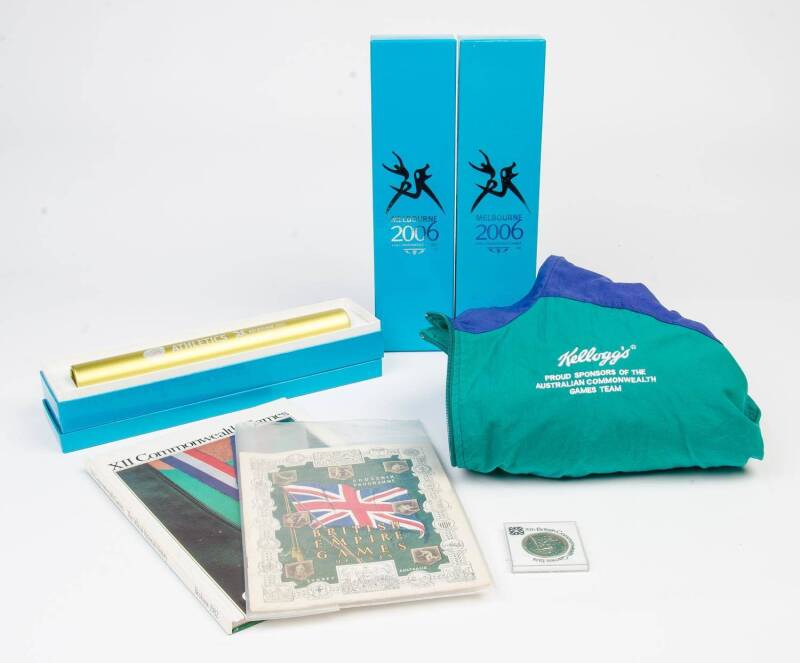 Collection including "Souvenir Programme, British Empire Games of 1938"; Melbourne 2006 souvenir relay batons (3); Australian team jacket.