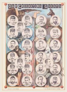 CRICKET FRAMES, noted 1884 print "Our Cricketing Guests"; c1905 hand-coloured photo of cricketer (looks like Vernon Ransford); print of W.G.Grace; Don Bradman signed display.