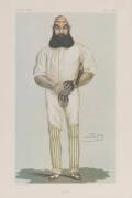 CRICKET FRAMES, noted 1884 print "Our Cricketing Guests"; c1905 hand-coloured photo of cricketer (looks like Vernon Ransford); print of W.G.Grace; Don Bradman signed display. - 2