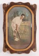 CRICKET FRAMES, noted 1884 print "Our Cricketing Guests"; c1905 hand-coloured photo of cricketer (looks like Vernon Ransford); print of W.G.Grace; Don Bradman signed display. - 3