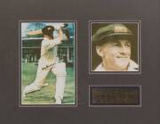 CRICKET FRAMES, noted 1884 print "Our Cricketing Guests"; c1905 hand-coloured photo of cricketer (looks like Vernon Ransford); print of W.G.Grace; Don Bradman signed display. - 4