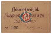 MELBOURNE CRICKET CLUB: 1888-89 Ladies Reserve Season Ticket, "Melbourne Cricket Club, Ladies Reserve, Season 1888-9. No.1650". G/VG.