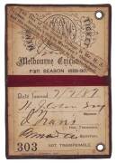 MELBOURNE CRICKET CLUB: 1889-90 Member's Season Ticket, brown leather covers with gilt MCC logo on front, and "1889-90." on reverse. No.303 H.J.Cohen, dux of Scotch College. Fair/G. - 2