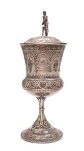 1889-90 CRICKET CUP, silver plated cup with lid decorated with cricketer, engraved on front "Dark's Challenge Cup, won by Galatea Cricket Club 1889-90", and on other side "Presented to C.Walker Esq, Ballarat, 1890", 33cm tall.